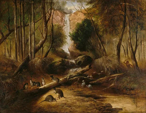 John Skinner Prout, (Bush landscape with waterfall and an aborigine stalking ...
