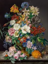 Franz Xaver Petter, Floral Piece with Pineapple, Grapes and Parrot