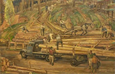 David Macbeth Sutherland, The Loading - Landings, Newfoundland Lumberjacks at Work in Scottish Forest