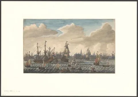 Abraham Storck, Oorlogsschepen op het IJ en gezicht op de stad