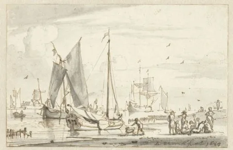 Abraham Storck, Rivieroever met enkele schepen