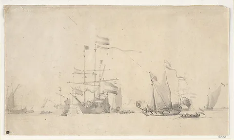 Willem van de Velde, Dutch Ships at Anchor with a Yacht Lying Head to the Wind
