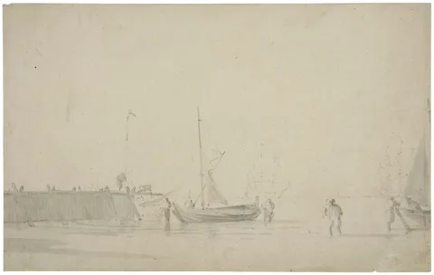 Willem van de Velde, Fishing Boats in the Harbour, Large Vessels in the Roads