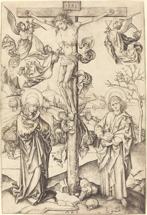 Martin Schongauer, The Crucifixion with Four Angels