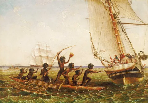 Thomas Baines, Aboriginal Canoes Communicating with the 'Monarch' and the 'Tom Tough', 28 August 1855
