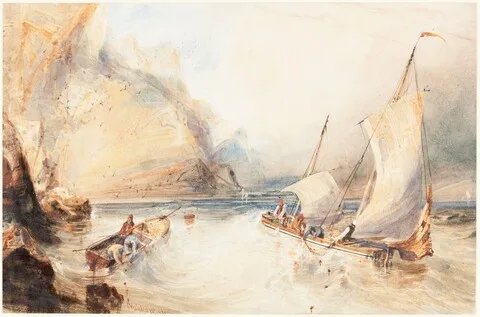 William Callow, French Fishing Boats off a Rocky Coast