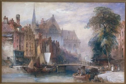 William Callow, Gezicht op de Nieuwe Kerk en de Nieuwezijds Voorburgwal te Amsterdam, vanuit het Noorden
