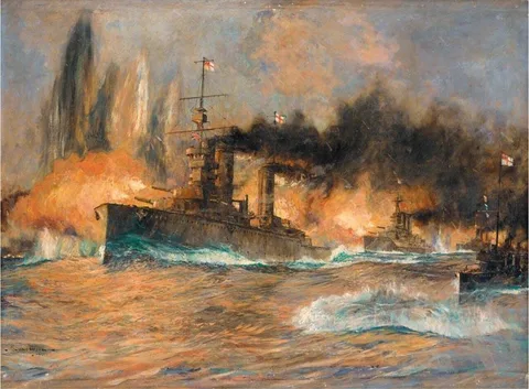 Charles Dixon, Admiral Jellicoe's flagship, H.M.S. Iron Duke, with the 2nd Battle Squadron at the Battle of Jutland