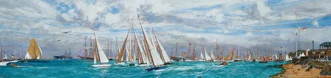 Charles Dixon, A one-design class crossing the starting line at Cowes Week, 1930, with King George V aboard the Royal Yacht, lying in Cowes Roads, other yachts dressed overall and spectators lining the foreshore before the Royal Yatch Squadron