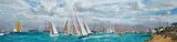 Charles Dixon, A one-design class crossing the starting line at Cowes Week, 1930, with King George V aboard the Royal Yacht, lying in Cowes Roads, other yachts dressed overall and spectators lining the foreshore before the Royal Yatch Squadron