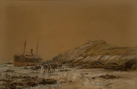 Charles Dixon, A coastal stranding, with local inhabitants on the foreshore trying to assist