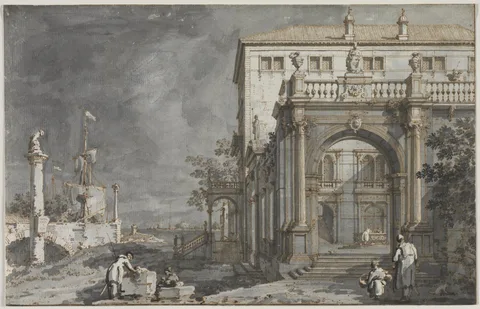 Canaletto, Capriccio: A Palace with a Courtyard by the Lagoon