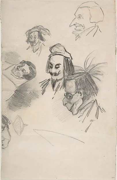 Félicien Rops, Sketches of Six Heads in Profile (caricatures?) (recto); Sketch of Head and Blank Rectangle (verso)