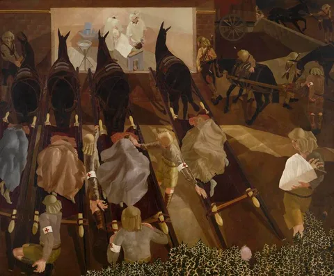 Stanley Spencer, Travoys Arriving with Wounded at a Dressing-Station at Smol, Macedonia, September 1916