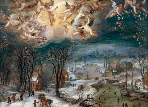Hans Rottenhammer, Winter landscape with a glory of angels