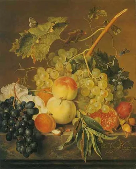 Jan van Huysum, Fruit and nuts still life on a marble ledge