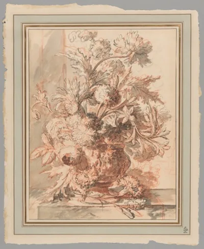 Jan van Huysum, Flowers in an Urn Decorated with Putti, on a Plinth