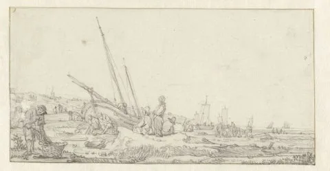 Egbert van der Poel, Strandgezicht met vissersschepen en groepen mensen