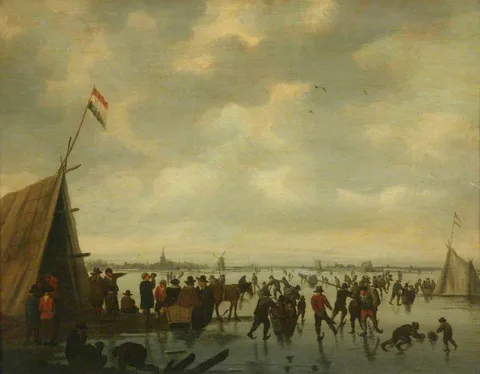 Egbert van der Poel, Skating Scene with a Tent and Numerous Figures on a Wide River