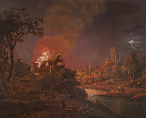 Egbert van der Poel, Moonlit River Landscape, House on Fire