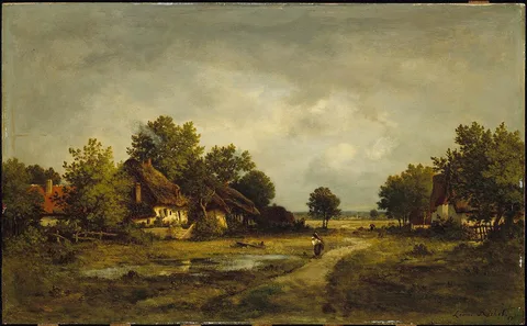 Léon Richet, Landscape With Figure Near Pond and Cottages