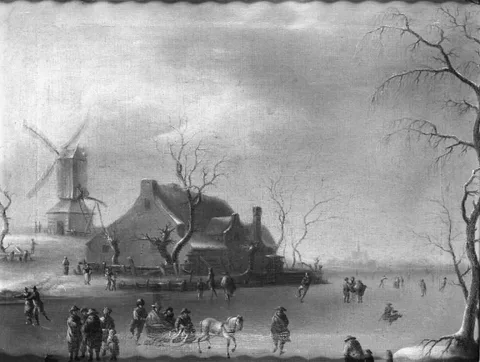 Thomas Heeremans, Winter Scenery with Ice Skaters, a Mill to the Left