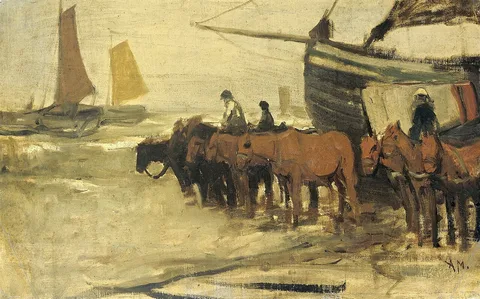 Anton Mauve, Launching a fishing boat (type 'Pink') in the sea