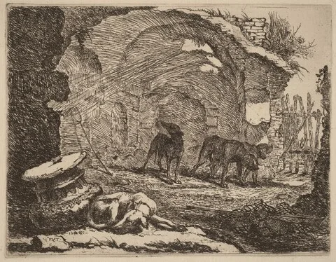 Jan Fyt, Four Dogs, One Sleeping beside a Capital