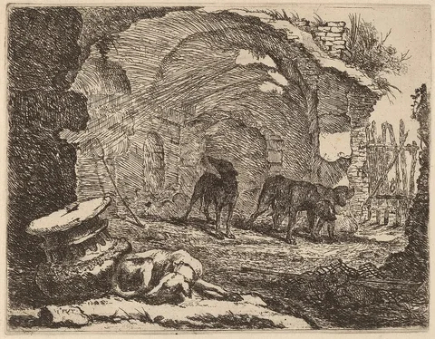 Jan Fyt, Four Dogs, One Sleeping beside a Capital