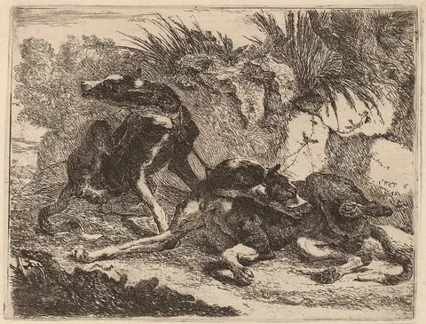 Jan Fyt, Two Greyhounds, Leashed and Facing Opposite Directions