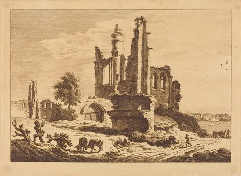 Paul Sandby, Ruined Abbey with Cattle and a Man Chopping Wood