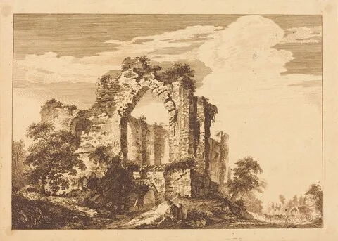Paul Sandby, Ruins with a Seated Man, and a Covered Wagon in the Distance