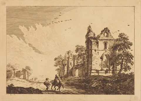 Paul Sandby, Ruined Abbey with Travelers on the Road