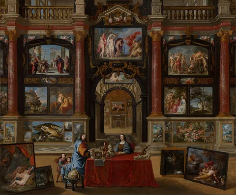 Gonzales Coques, Intérieur avec personnages devant une collection de peintures