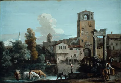 Marco Ricci, A Capriccio with Horses Watering in a River Outside a Walled Town