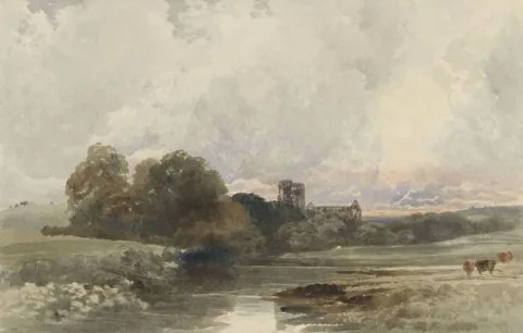Peter De Wint, Avondlandschap met de ruïne van Kirkstall Abbey, Yorkshire