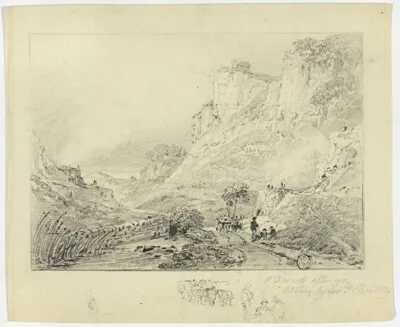 Peter De Wint, Figures and Horse Cart in Landscape with Cliffs