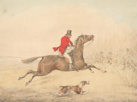 Henry Thomas Alken, Rider on a Brown Horse About to Jump a Rail Fence to the Right
