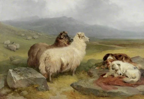 James Campbell Noble, Highland Landscape with Sheep and Dogs