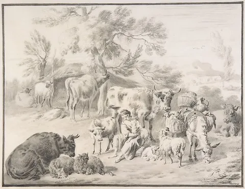 Dirck van der Bergen, A Herdswoman Seated Amongst Her Animals, with a Lamb in Her Arms