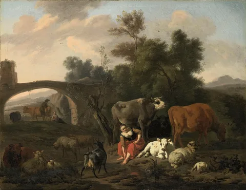 Dirck van der Bergen, Landscape with herdsmen and cattle
