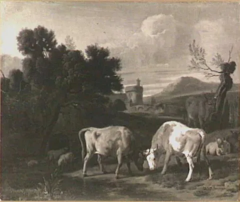 Dirck van der Bergen, landscape with fighting bulls