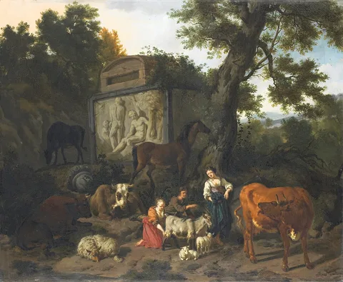 Dirck van der Bergen, Landscape with herdsmen and cattle near a tomb