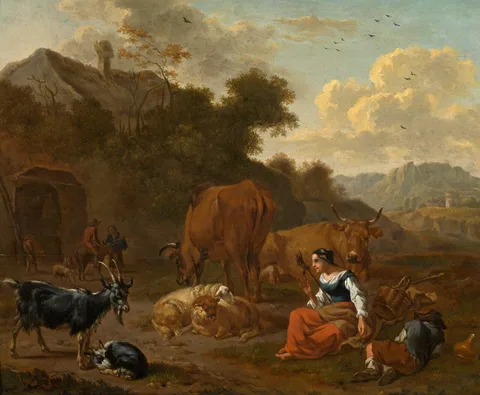 Dirck van der Bergen, Landscape with a Spinner and Cattle