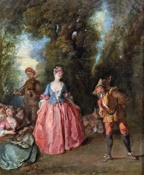 Nicolas Lancret, Gallant feast representing a lady dancing with Pulcinella
