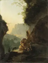Adam Pynacker, An Italianate landscape with peasants resting on a mountain path