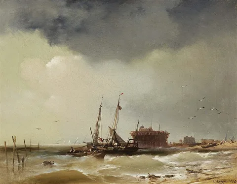 Charles Hoguet, Fisher Boats Landing on a Beach