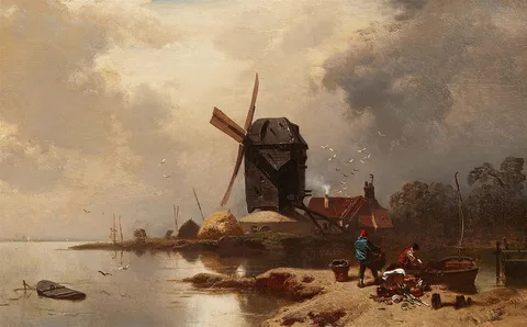 Charles Hoguet, Post Mill on the Shore of a Lake