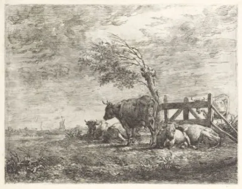 Albertus Verhoesen, Koeien bij een hek en een knotwilg