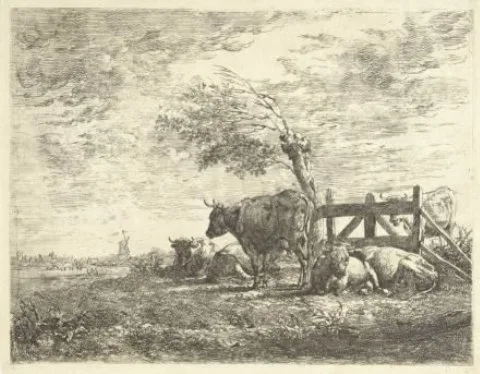 Albertus Verhoesen, Koeien bij een hek en een knotwilg